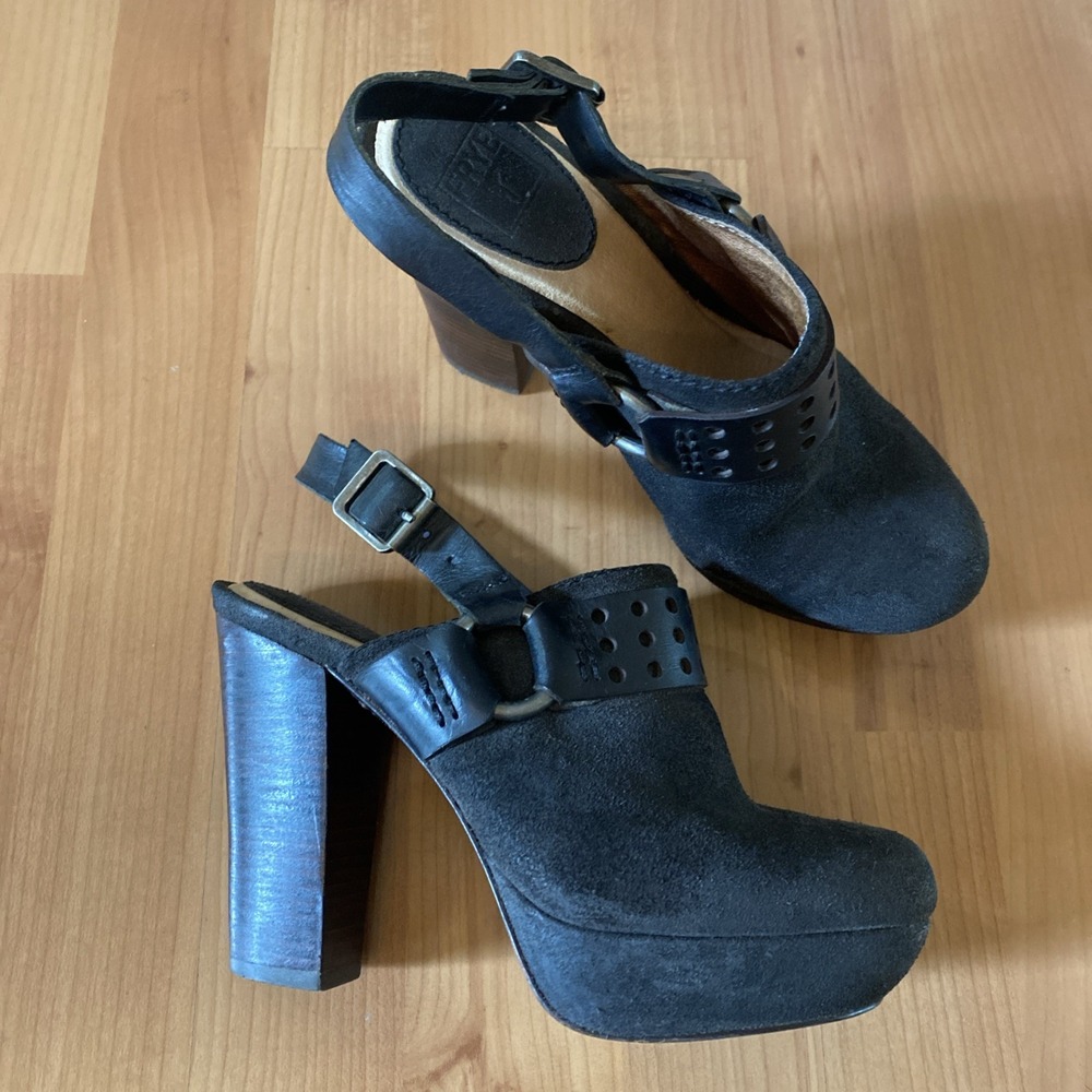 Frye and Co. Black Suede Naiya Harness Heels Mule Clogs Platforms Size 6M